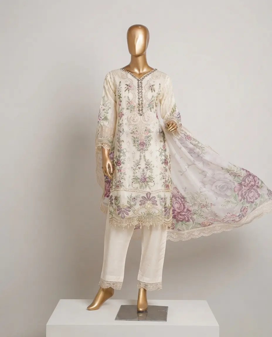 3 Piece Embroidered Organza Suit